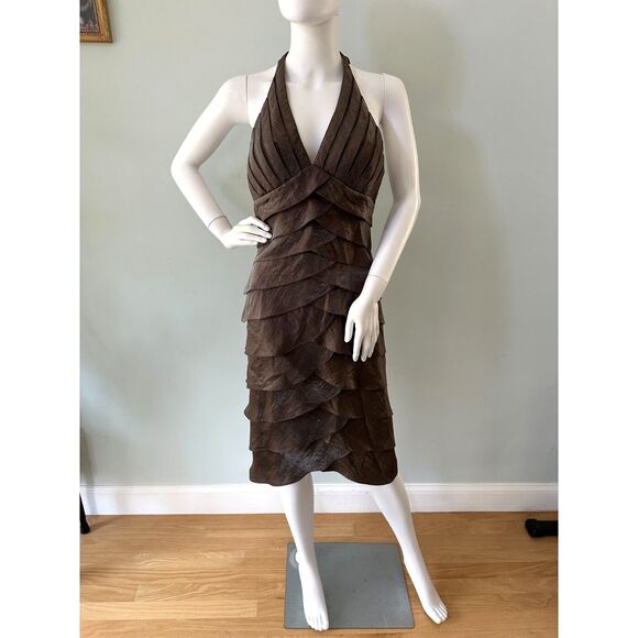 Cache Vintage Y2k Iridescent Brown Ruffle Halter Cocktail Midi Dress size 4 - Picture 12 of 12